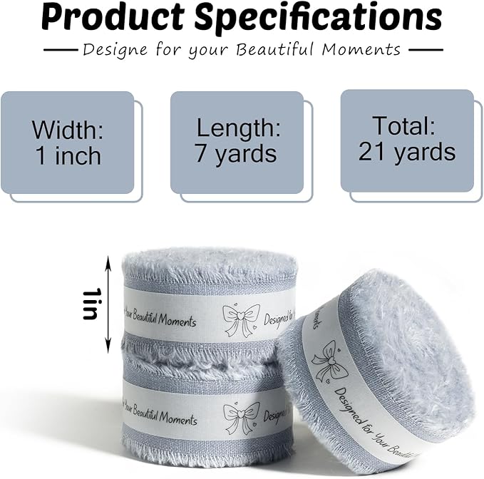 Dusty Blue Cotton Ribbon 1 Inch Dusty Blue 3 Rolls 21 Yards Frayed Edge Fabric Set for Wedding Decor, Bridal Bouquet Wrap, Graduation Party, Gift Wrapping & Spring Wedding