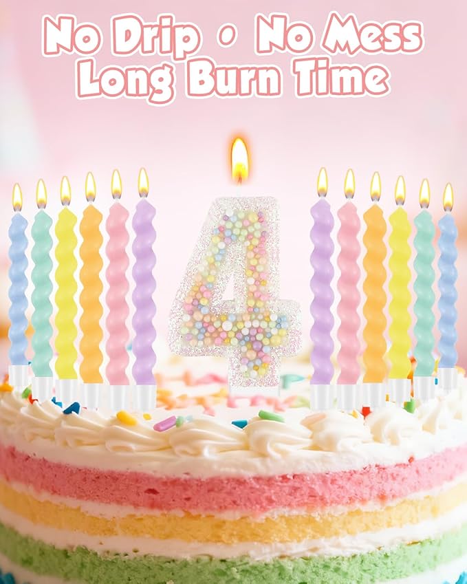 Birthday Candles for Cake, Pink Number Candles, Cake Candles with Greeting Card for Birthday Party Wedding Anniversary Celebrations（4 Candle,White Number Macaron）
