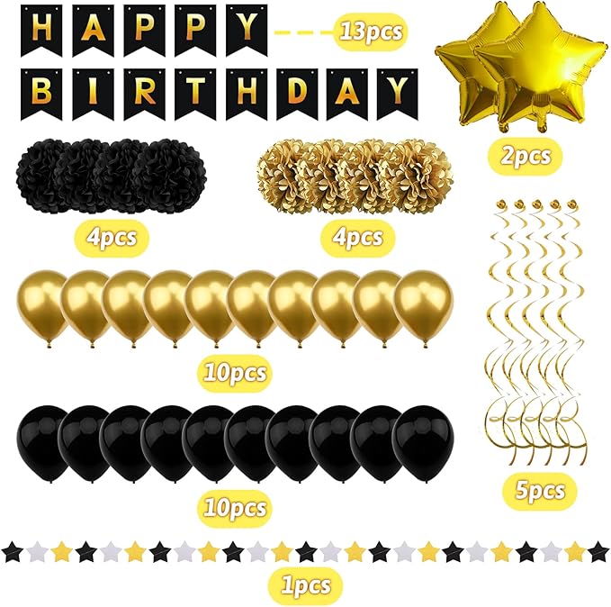Birthday Decorations for Men, Black and Gold Party Decorations Happy Birthday Banner for Boys Men 40th 50th 60th 70th 80th 90th Party Supplies