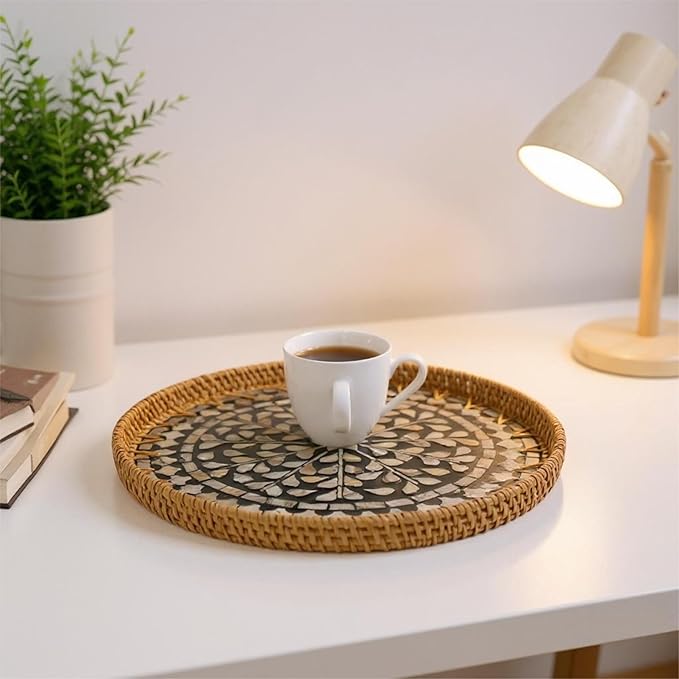 Round Rattan Tray with Mother of Pearl Inlay, Handwoven Wicker Coffee Table Serving Basket Tray for Fruit Snack Party Picnic Cafe Bedroom Kitchen Home Decor Set of 2 (Black Willow)