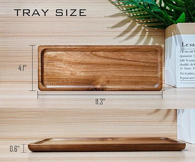 Small Wooden Tray (11.3 x 4.1 inch) 6 Pack, Rectangular Mini Serving Tray for Coffee Tables, Dessert, Snack, Fruit, Acacia Wood Platter for Vegetable, Decor Restaurant