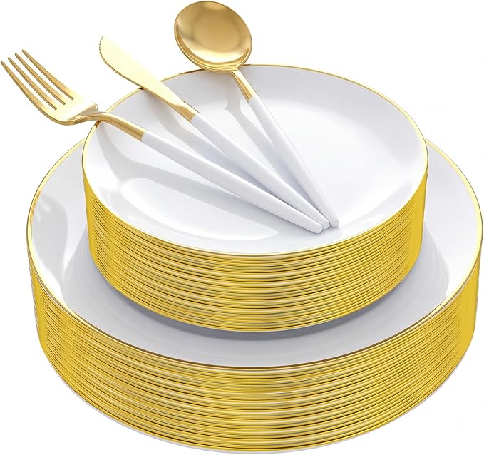 Supernal Elegant White and Gold Plastic Dinnerware Set ??Premium Heavy-Duty Disposable Plates & Gold Plastic Silverware for Weddings, Outdoor Parties & Birthdays (Serves 30)