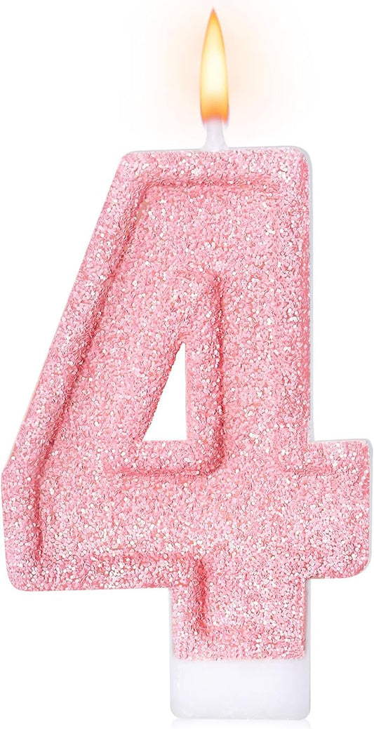 Cute Number 4 Birthday Candle, Glitter Pink Number Candles, Birthday Cake Topper Decoration, Party Supplies Anniversary Celebrations