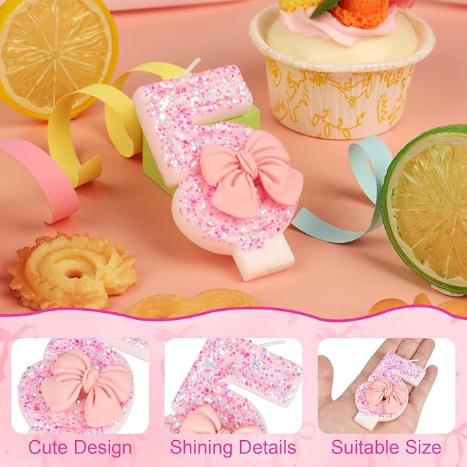 Number 5 Birthday Candle, Pink Bow Birthday Candles, Glitter Candle Cake Topper, Happy Birthday Cake Decoration Gifts, Anniversary Party Supplies for Girl