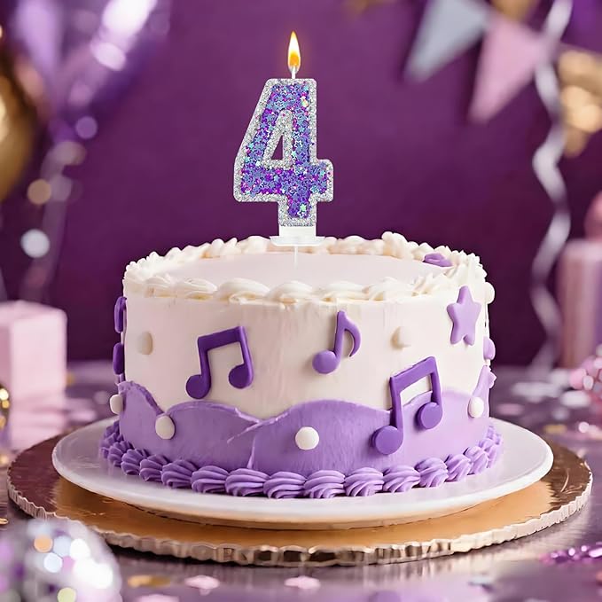 K-pop Number 4 Birthday Candle, Star Glitter Filled Number Candle, Purple Silver Fantasy Cake Topper for Birthday Party Decoration