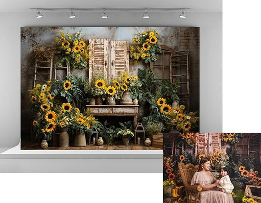 Kate 7x5ft Yellow Sunflowers Backdrops for Photography Rustic Brick House Background Bridal Baby Shower Sweet Birthday Party Decoration Studio Backdrop