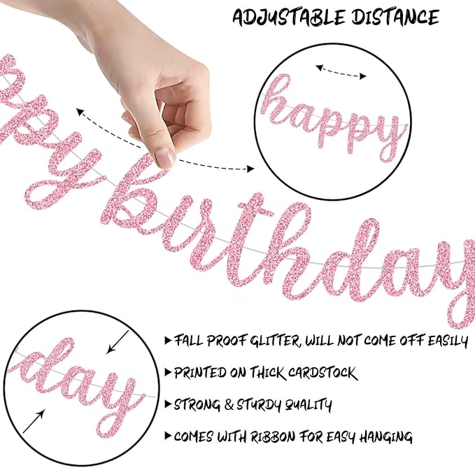 Glitter Happy Birthday Banner Sign, Reusable Birthday Celebration Garland Hanging Decorations, Wall Backdrop Banners DIY Party Supplies for Girls, Women (Rose Gold)