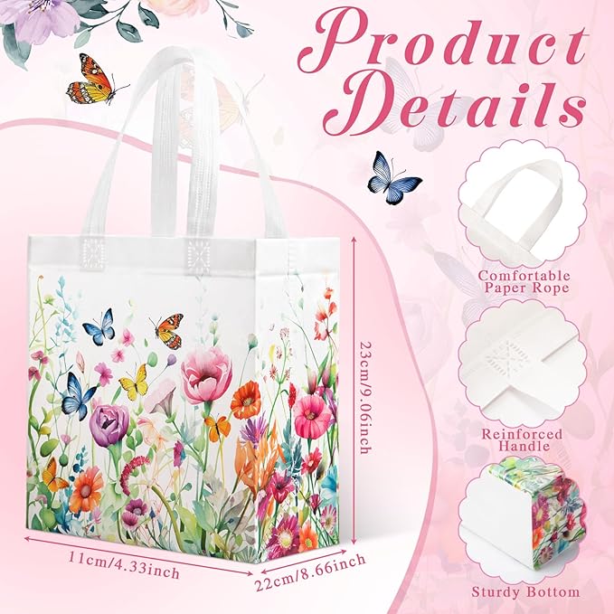 Sweetude 16 Pcs Wildflower Gift Bag with Handles Wildflower Butterfly Party Favors Non Woven Reusable Tote Bags for Baby Shower Spring Summer Floral Birthday Party Decorations