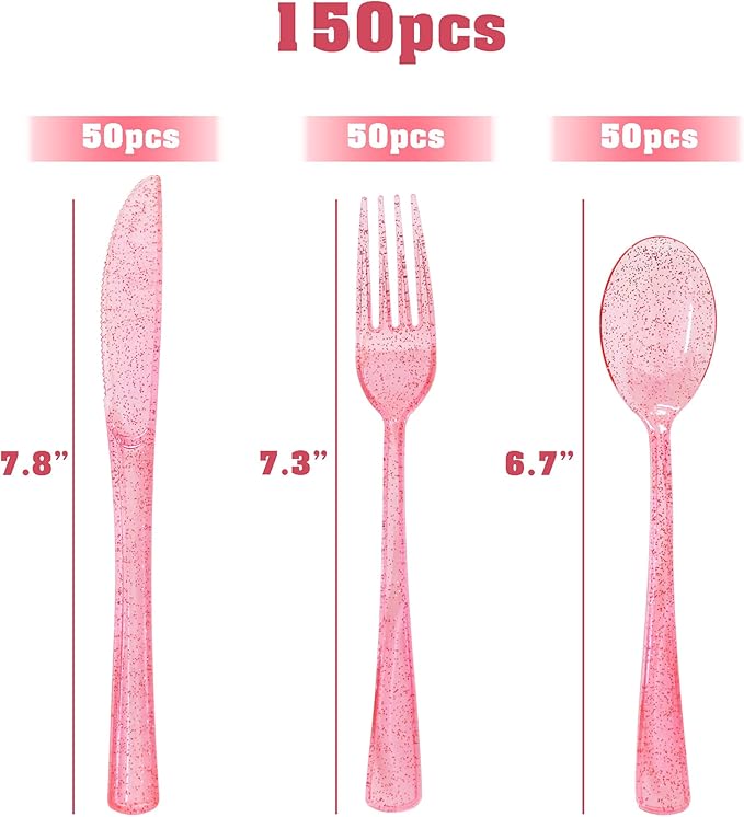 150 Pcs Pink Silverware Set Heavy Duty Pink Plastic Silverware - 50 Forks, 50 Knives, 50 Spoons for Brithday, Valentine's Day, Wedding, Baby Shower, Bridal Shower