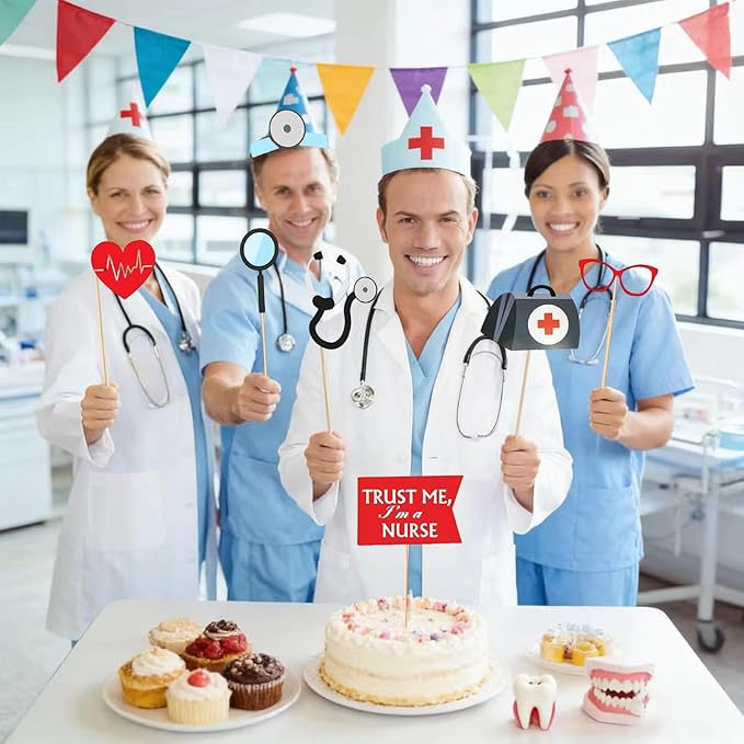 40 Pcs Professional Medical Photo Booth Props Kit for Adult Events, Dental Office Celebrations, Doctor & Nurse Graduation, Hospital-Themed Photoshoot Accessories with Wooden Sticks