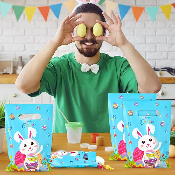 Hxezoc 50 Pieces Happy Easter Gift Bags with Handles Plastic Cute Bunny Goodie Bags Practical Gift Bags Spring Party Favors for Easter Day Egg Hunt Party Birthday Party Decoration Supplies