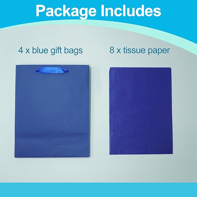 MOXARYSU 4 Pcs Medium Blue Gift Bags: 8x5x10 Inches Gift bags With Handles Party Favor Bags With 8 Tissue Paper For Party,Birthday,Baby Shower,Wedding（Blue）