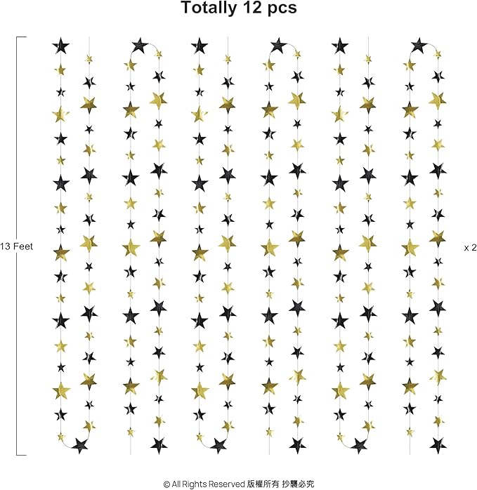 Cheerland 156ft Graduation Party Decorations Star Garland Black Gold Hanging Paper Twinkle Stars Streamer Grad Banner Wedding Backdrop for Starry Night Birthday Congrats Grad Class of 2026 Party Decor