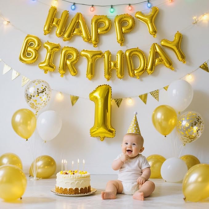 Gold Happy Birthday Balloon Banner Set -16 Inch Foil Letters Balloons, Reusable Birthday Decorations and Party Supplies, Suitable for Men and Women's Birthday Decorations，Party Backdrop
