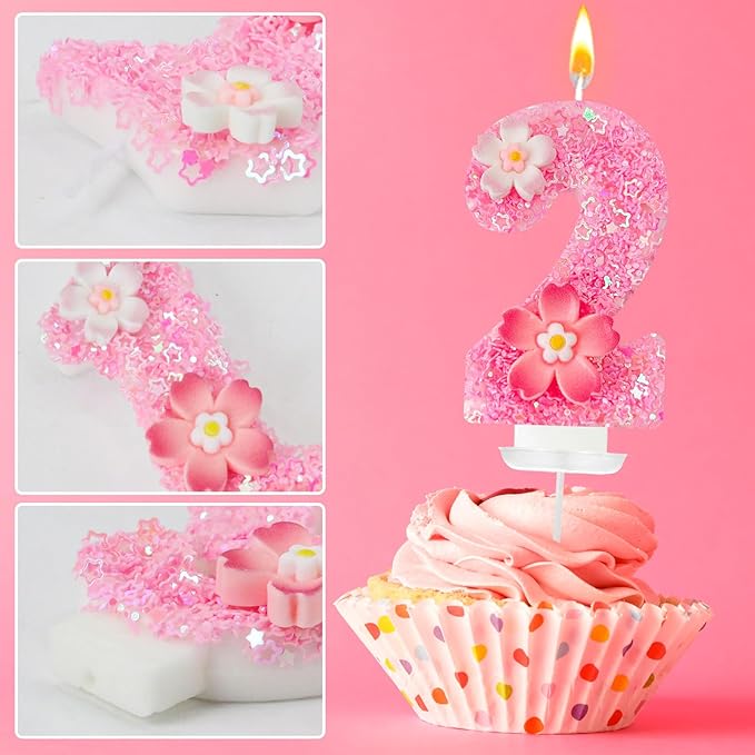 Pink Flower Birthday Candle,Number Birthday Candles for Cake, Ideal Birthday Parties Cake Decor, Wedding Anniversary and Other Celebrations (Number 2, Pink)