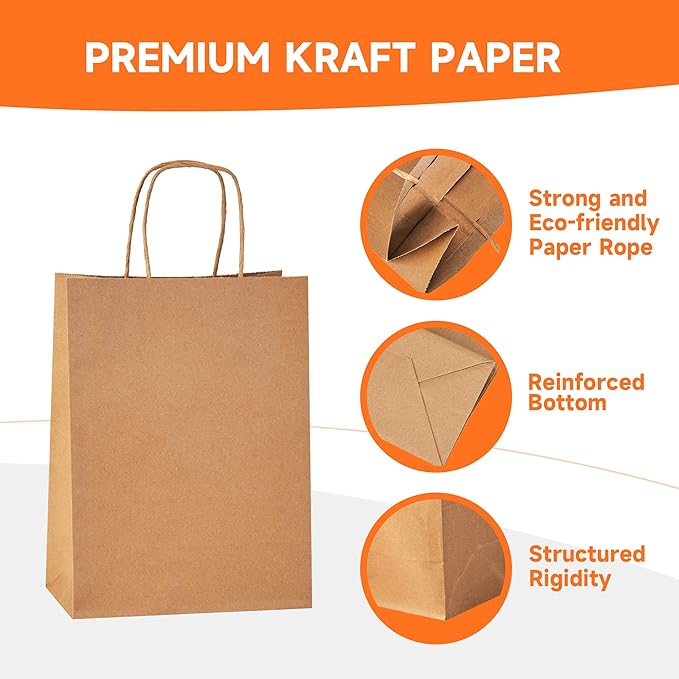 METAPRINT Brown Paper Gift Bags with Handles in Bulk,100 Pack 5.8x3.2x8.25 Inch Small Kraft Paper Bags for Birthday, Party Favors, Grocery, Retail, Shopping, Business