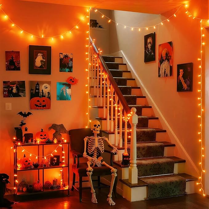 JMEXSUSS 150 LED Orange Halloween Lights Indoor Outdoor, Connectable Christmas String Lights Indoor Plug in, 8 Modes Orange Lights for Halloween Fireplace Tree Bedroom Party Decor