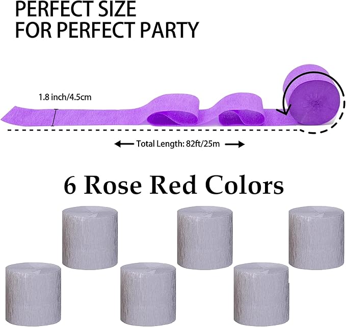 Crepe Paper Streamers 6 Rolls 492ft,Pack of Silver Streamers Party Decorations,Crepe Paper Roll for Birthday,Wedding,Bachelorette,Bridal Shower Decorations (1.8 Inch x 82 Ft/Roll)
