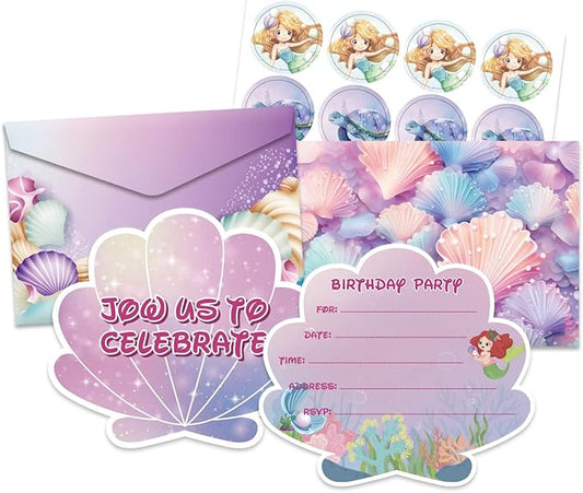 Mermaid & Sea Turtle Ocean-Themed Invitation Kit – 12 Shell-Shaped Cards, 12 Envelopes & 12 Seal Stickers | Underwater Birthday Party Invitations for Kids