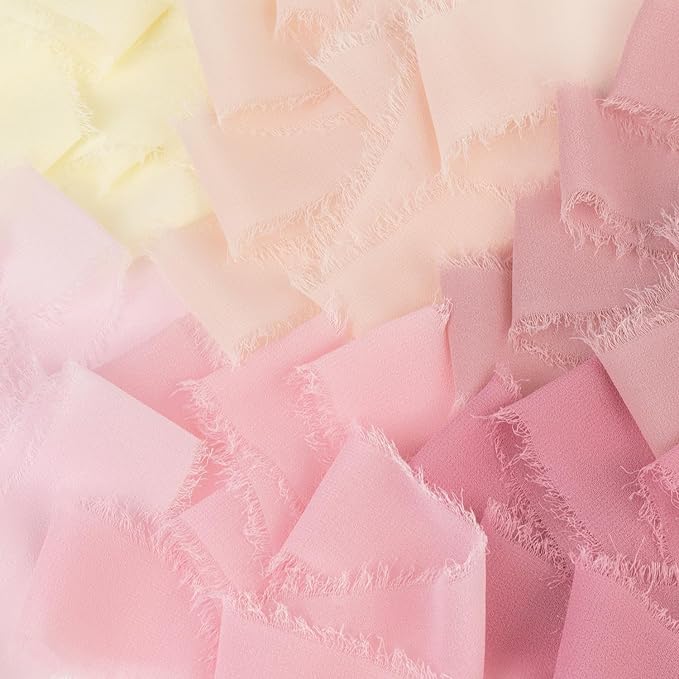 Pink Chiffon Ribbon 1.5 Inch x 3Yds Pastel Pink/Peach/Cream/Blushing Rose/Dusty Rose/Rosy Mauve Handmade Fringe Chiffon Silk Ribbon for Wedding Invitation Flower Bouquets Gift Wrapping Bridal Shower