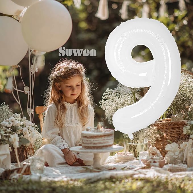 SUWEN 40 Inch White Large 9 Balloon Number Big Foil Helium Number Balloons 0-9 Giant Jumbo Happy 9th Birthday Party Decorations for Boy or Girl Huge Mylar Anniversary Party Supplies