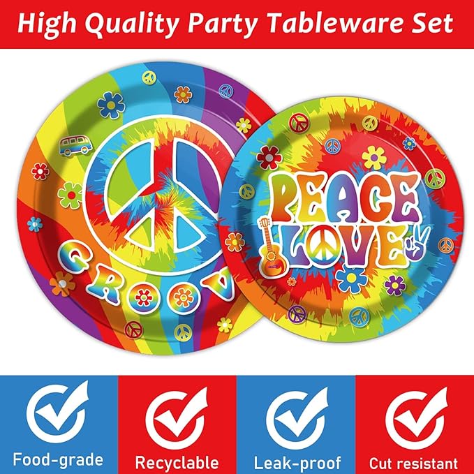 200pcs 60's Hippie Party Plates Napkins Groovy Paper Tableware Set Tie Dye Cake Dessert Disposable Dinnerware 60s 70s Hippie Party Decoration for Baby Shower Birthday Decor Supplies Serves 50