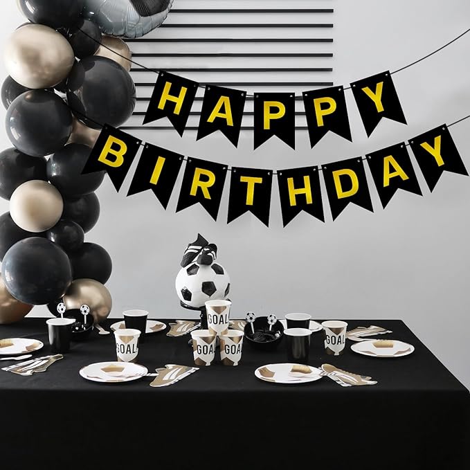 Black Gold Happy Birthday Banner Signs Party Decoration for Women Men Girls Boys