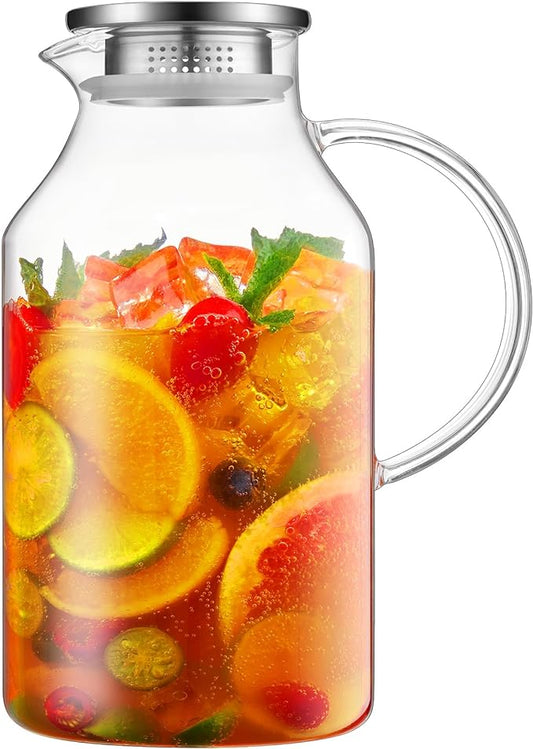 Bivvclaz 3 Liter 101 oz Glass Pitcher with Lid and Handle, Water Pitcher for Fridge, Glass Carafe for Hot/Cold Water, Large Iced Tea Jug for Coffee, Juice and Homemade Beverage