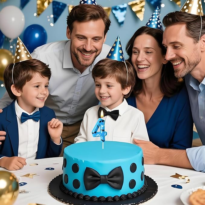 Number 4 Birthday Candle for Cake – Blue Gentleman Style with Sunglasses, Bow Tie & Mustache Design – Cool Cake Topper for Birthday Party Decoration