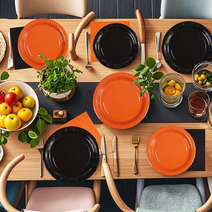 Grencian 200Pcs Orange and Black Graduation Decorations Black and Orange Plates and Napkins Disposable Graduation Tableware for Birthday Wedding Baby Shower Congrats Grad Party Supplies Serves 50