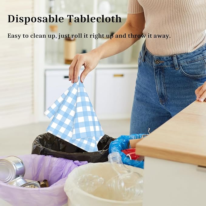 12 Pcs Light Blue Checkered Tablecloth 54 ×108 Inches Rectangle Blue Gingham Tablecloth Disposable Plastic Waterproof Table Cover for Outdoor Picnic, Kitchen, Holiday Birthday Party