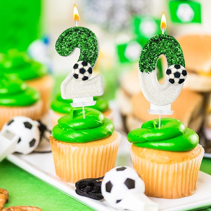 Birthday Candles，Soccer Birthday Decorations，Soccer Cake Topper,for Girl and boy Cake Toppers, Wedding Cakes, Anniversaries, Party Celebrations, Birthday Decorations (Green White, Number 2)