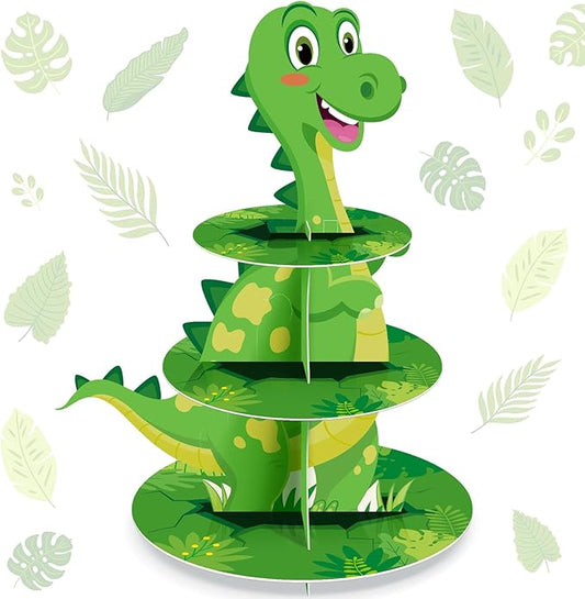 Censen 3 Tier Dinosaur Cupcake Stand Party Decorations Dinosaur Theme Cupcake Holder Decorations Dino Dessert Tower for Kids Dino Jungle Theme Party Birthday Supplies (Cartoon)