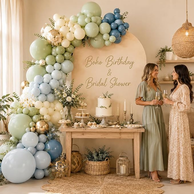 Jobkoo 122Pcs Dusty Blue Sage Green Balloon Garland Kit, Dino Green Slate Blue Beige Metallic Gold Confetti Balloon Arch Kit for Boho Birthday Woodland Safari Baby Shower Party Decorations