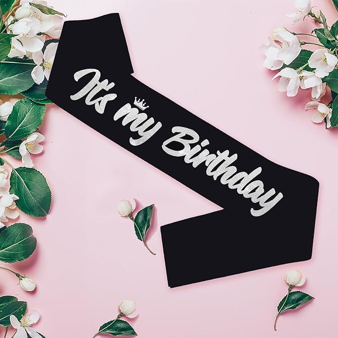 It's My Birthday Sash Black with Glitter Silver Letters Happy Birthday Sash for Women Men Boy Girl Bday Gift Ideas Party Favors