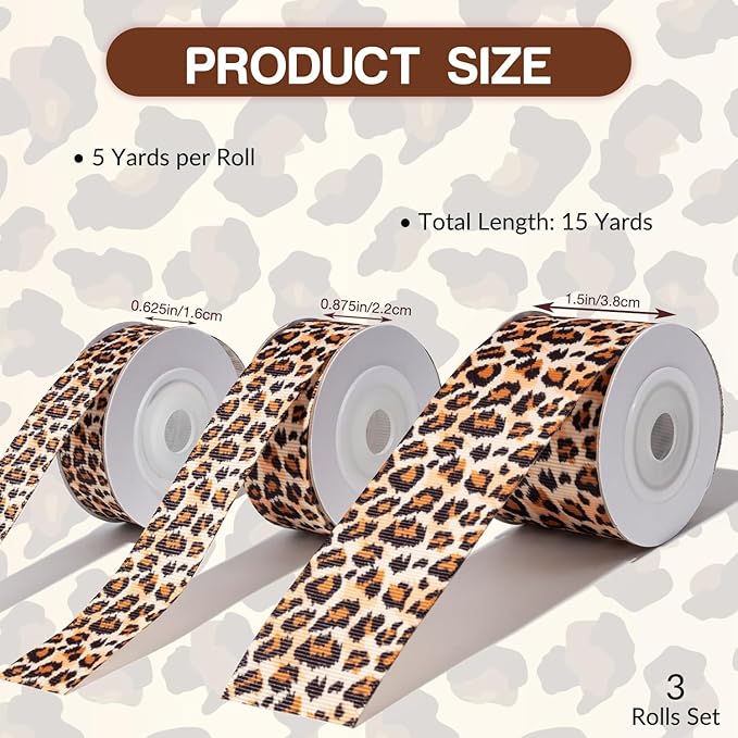 Leopard Print Ribbon Set 3 Rolls Animal Print Grosgrain Ribbons in 5/8", 7/8", 1.5", Stylish Jungle Safari Patterned Ribbon for Gift Wrapping, DIY Crafts, Hair Bows, Party Decor