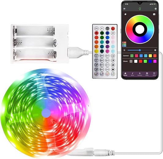 RUISHINE Battery Powered LED Strip Lights 13.2ft, LED Lights Battery Operated Color Changing Music Sync App Remote Control RGB USB Led for TV, Party, Room Decoration