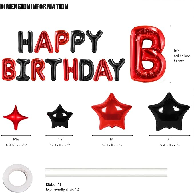 CANREVEL Happy Birthday Banner 13pcs 16 Inch Mylar Foil Letters Sign with 8pcs Star Balloons Birthday Party Decorations for Kids and Adults - 3D Black Red