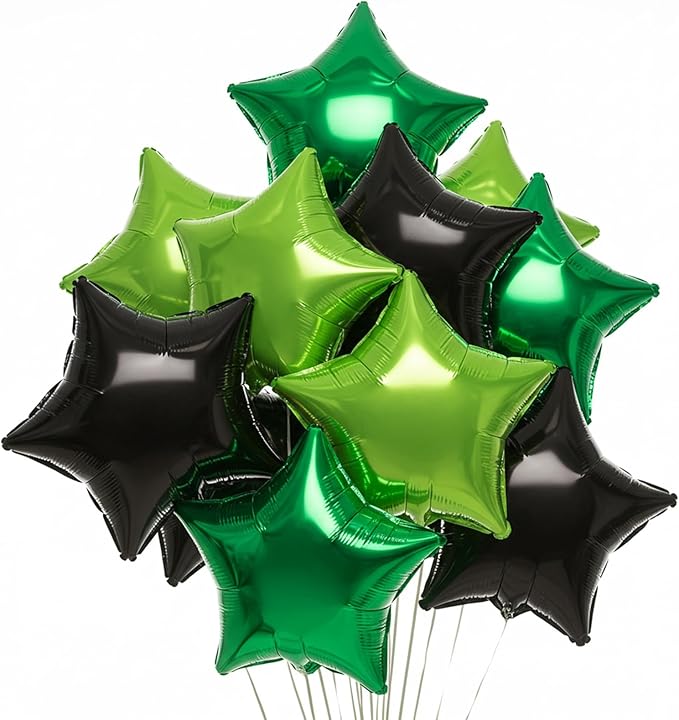 TONIFUL 15Pcs 18 Inch Large Green Black Star Shape Foil Balloons Big Stars Helium Mylar Ballons for Birthday Wedding Baby Shower Anniversary Engagement Party Decorations Supplies