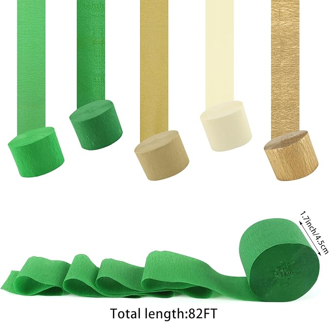 5 Rolls Grass Green & Gold Crepe Paper Streamers, Crepe Paper Craft for Wedding Baby Shower Birthday Bridal Party Engagement Decorations Supplies