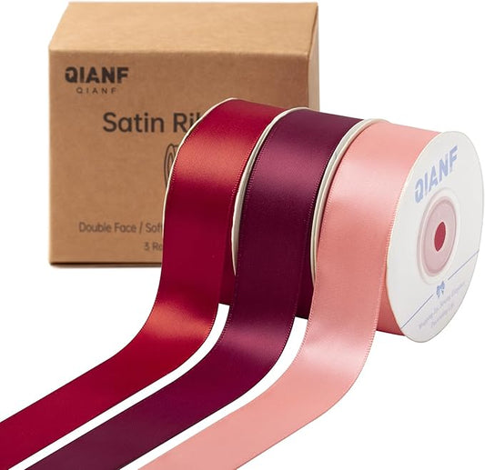 QIANF Burgundy Double Face Satin Ribbon 1 Inch x 45 Yards Wine Red Coral Pink Fabric Ribbon for Gift Wrapping, Flower Bouquets, Bows Making, Wedding Decor, Invitation Cards, Christmas (3 Rolls *15Yd)