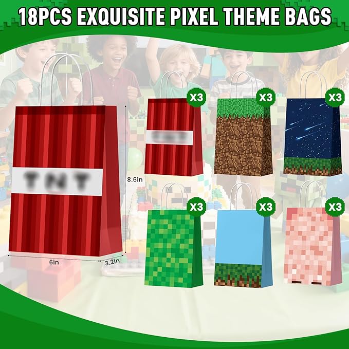 EARTH'SCODE 18PCS Pixel Party Favor Bags with Handles,4PCS Pixel Temporary Tattoos Stickers, Video Game Themed Goodie Bags, Treat Candy Gift Bags for Birthday Gaming Party Decorations Supplies Set