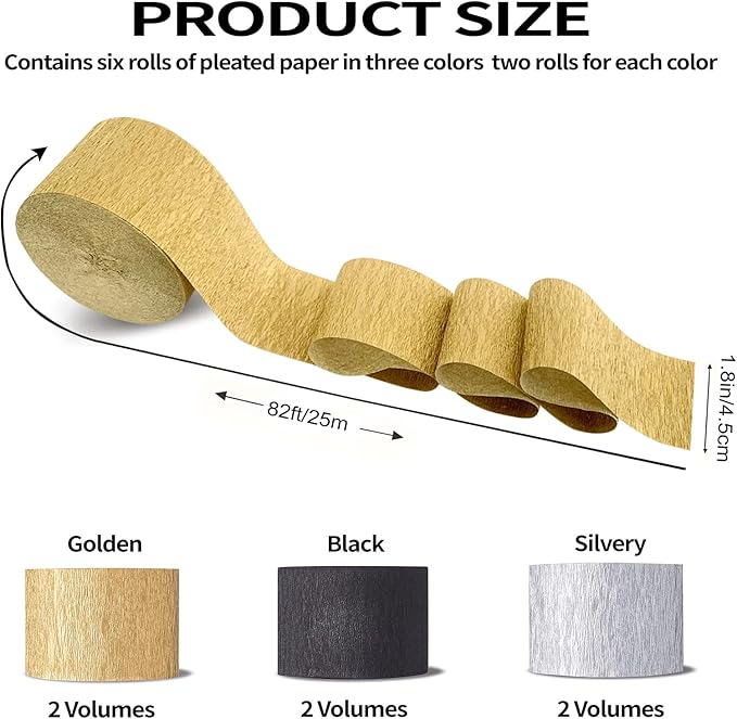 Crepe Paper Streamers 6 Rolls 492ft, Pack of 2 Gold, 2 Silver, 2 Black - Streamers Party Decorations Streamers (1.8 Inch x 82 Ft/Roll),for Party Decorations Birthday Decorations, Wedding Decorations