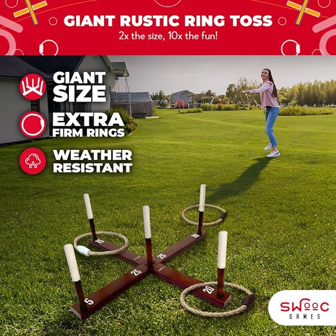 Swooc Games - Rustic Ring Toss Game (All Weather) - Easy Setup & Extra Games Included - Ring Toss Game for Adults - Outdoor Activities for Adults - Yard Toys for Kids - Backyard Fun - Outdoor Party