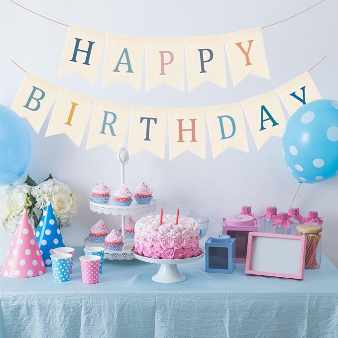 Doumeny Happy Birthday Burlap Banner Boho Birthday Bunting Garland Blue Pink Bohemian Party Sign Flag Colorful Happy Birthday Bunting Banner Rustic Birthdays Garland Flag for Wall Home Porch Door