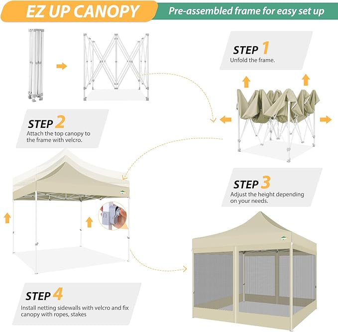COBIZI 10x10 Canopy Tent with 4 Sidewalls,Heavy Duty Pop up Canopy with Mosquito Netting,Easy up Screen Tent for Parties Wedding Outdoor Camping with Handbag,Khaki