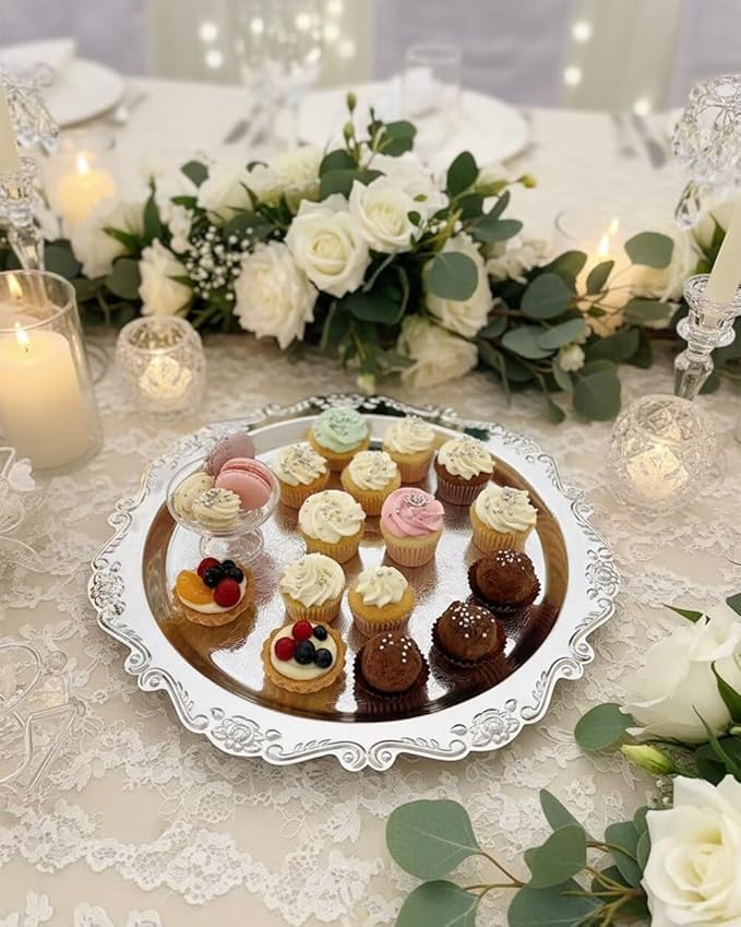 2PCS Coffee Table Tray 11.8in Round Decorative Tray Vintage Metal Dessert Plates for Snacks Fruit Silver
