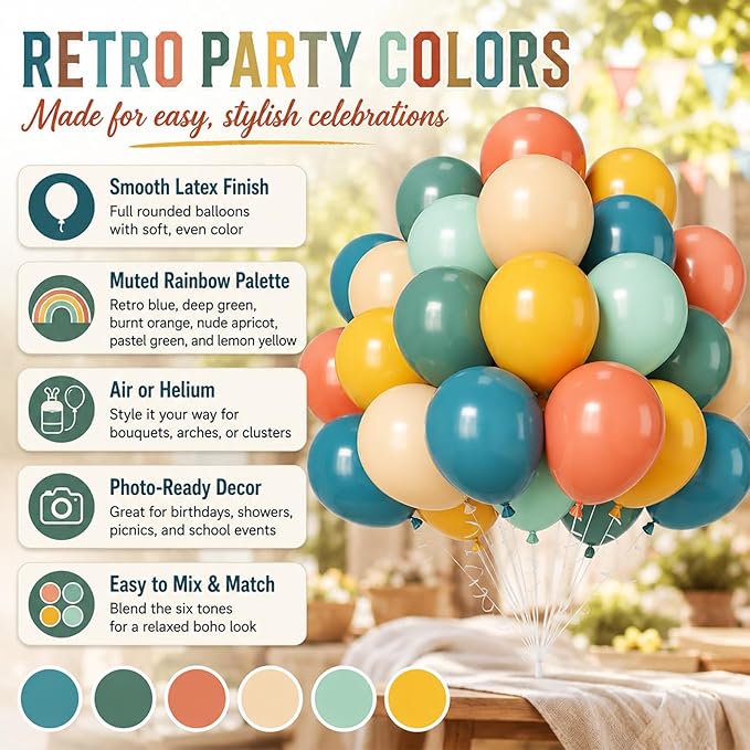 Colorful Balloons, 60Pcs Retro Multicolor Balloon, 12 Inch Latex Vintage Rainbow Balloons for Baby Shower Kids Birthday Party Carnival Graduation School Event Picnic Boho Theme Party Decoration