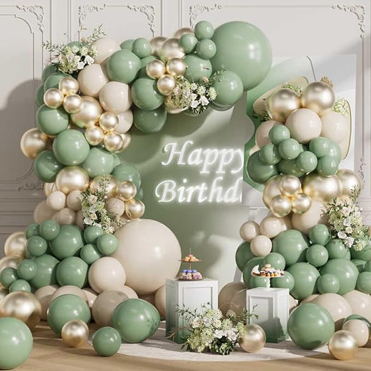 Sage Green Balloons Arch Kit 155Pcs Different Sizes of 18 10 5 Inch Latex Olive Green Sand White Metallic Gold Balloon Garland for Birthday Anniversary Wedding Party Decorations