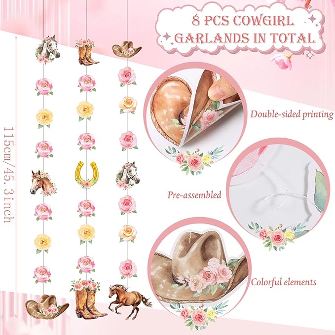 Daifunli 8 Pcs Cowgirl Party Decorations Pink Girl Horse First Birthday Hanging Garlands Watercolor Floral Rose Western Horse Paper Cutouts Streamers for Wild West Cowgirl Baby Shower Party Supplies